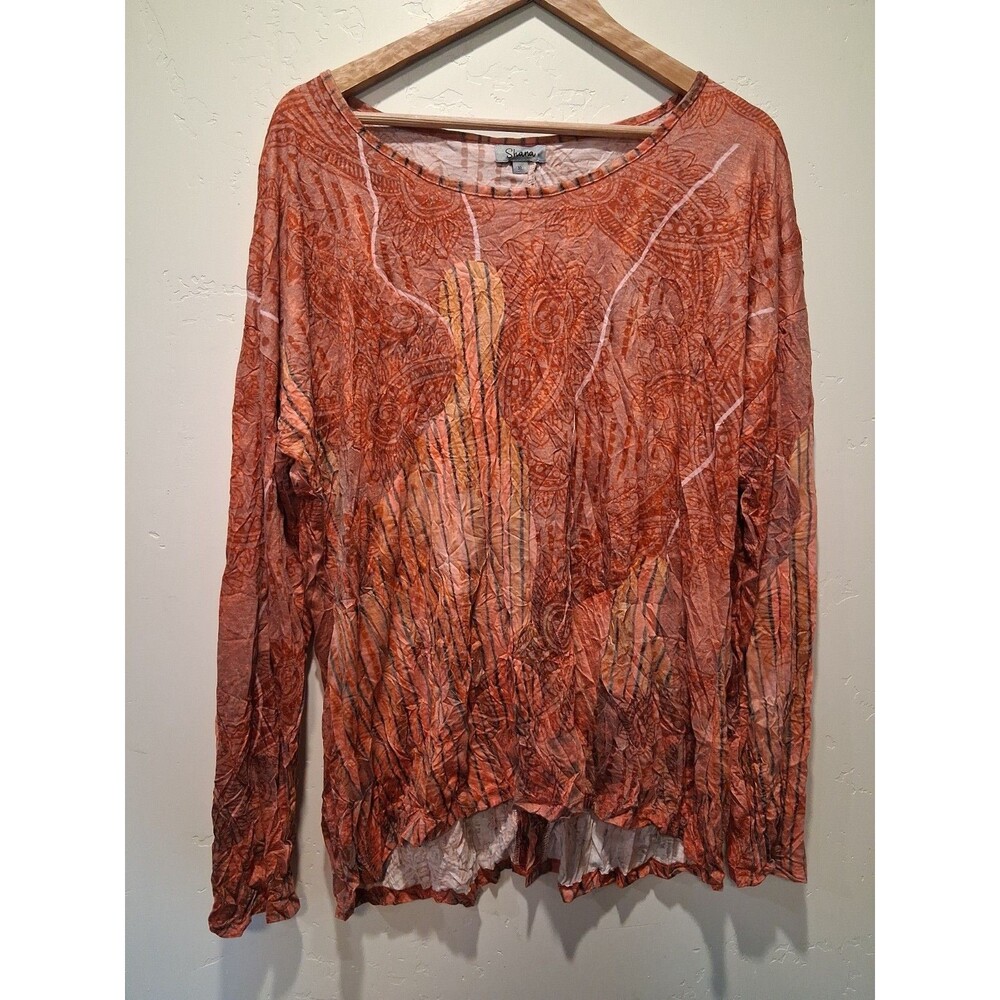 Shana Size XL Crinkle Knit Tunic Top Button Burnt Orange Long Sleeve Art to Wear